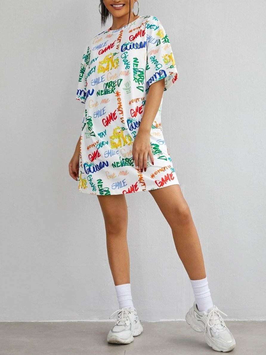 Drop Shoulder Allover Letter Graphic Dress - Casual Dresses - INS | Online Fashion Free Shipping Clothing, Dresses, Tops, Shoes - 14/05/2021 - 140521 - Category_Casual Dresses