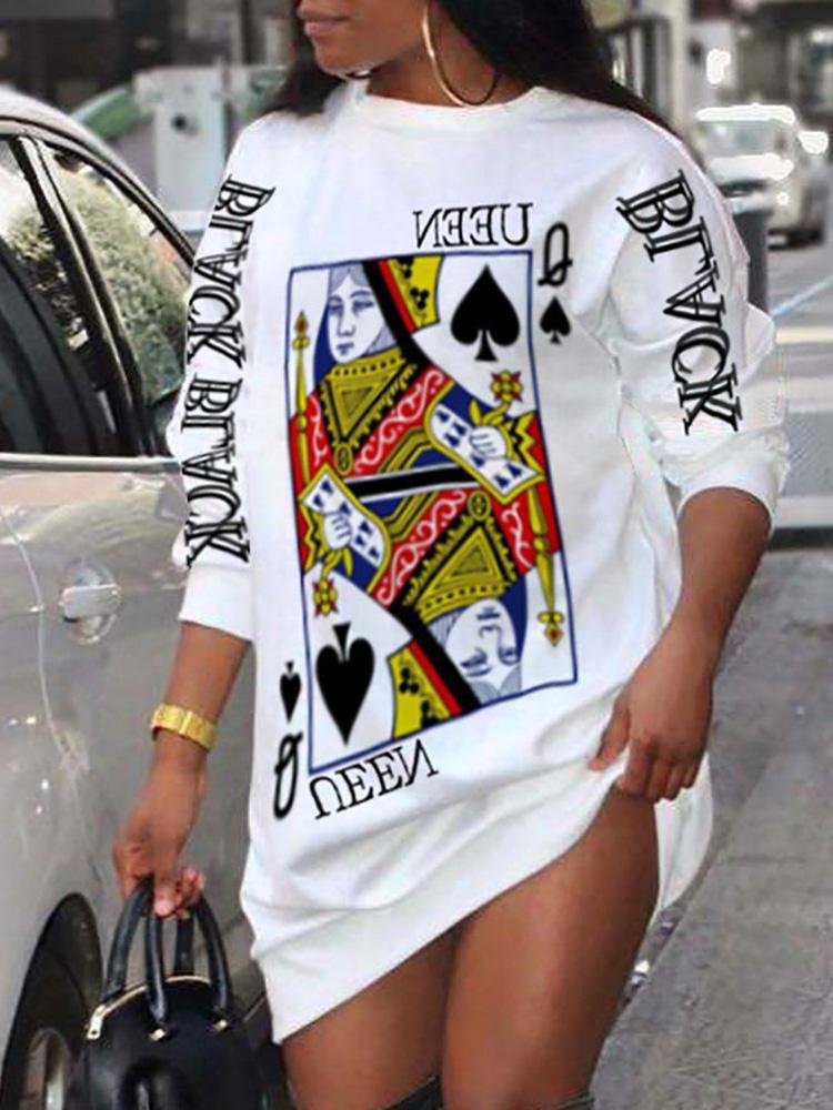 Poker Letter Print Long Sleeve Casual Dress - Casual Dresses - INS | Online Fashion Free Shipping Clothing, Dresses, Tops, Shoes - 30/04/2021 - Casual Dresses - Color_Red