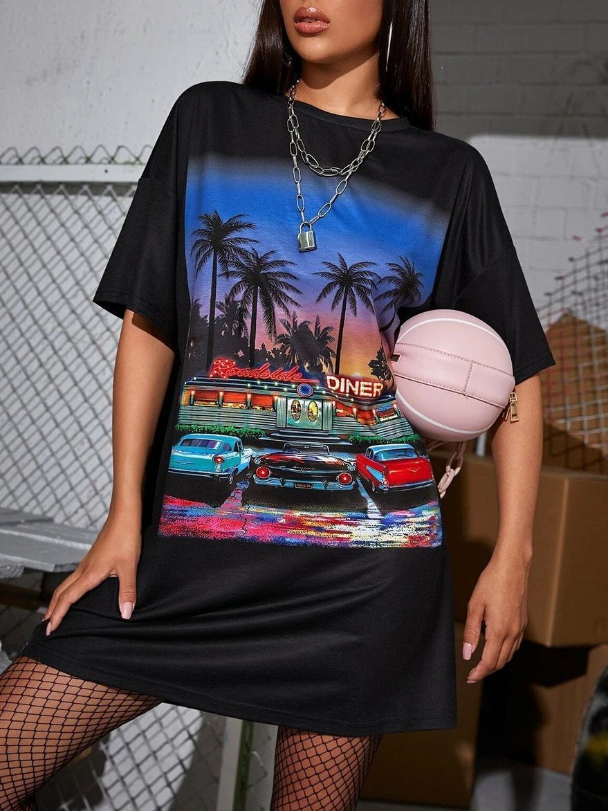 Retro Diner Graphic Mini T-Shirt Dress - Casual Dresses - INS | Online Fashion Free Shipping Clothing, Dresses, Tops, Shoes - 14/05/2021 - 140521 - Category_Casual Dresses