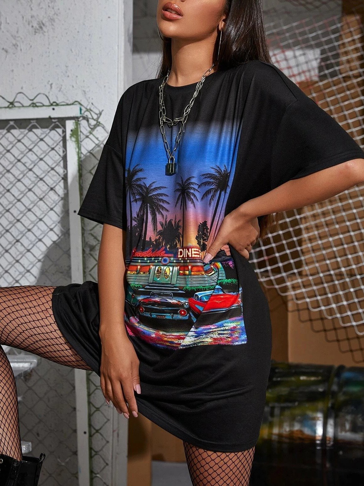 Retro Diner Graphic Mini T-Shirt Dress - Casual Dresses - INS | Online Fashion Free Shipping Clothing, Dresses, Tops, Shoes - 14/05/2021 - 140521 - Category_Casual Dresses