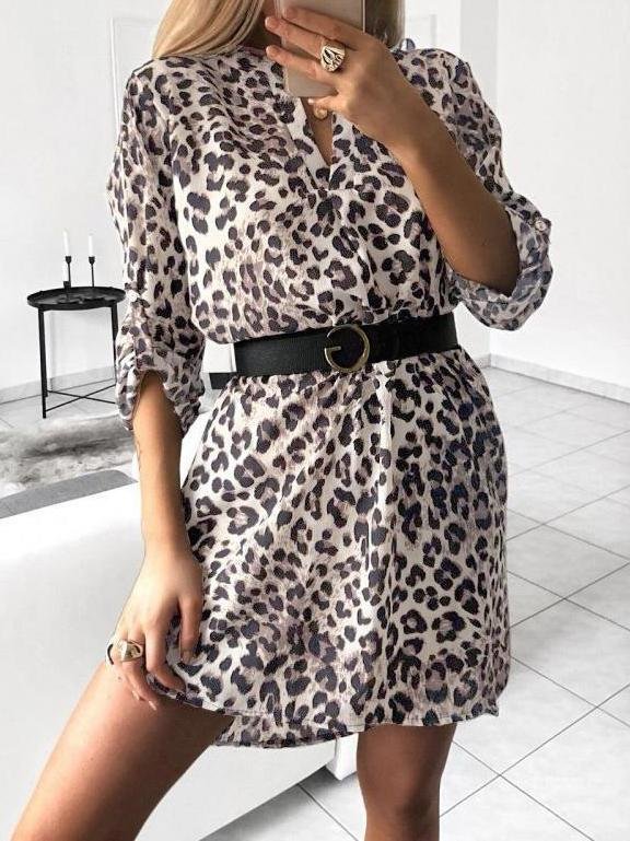 V-neck Long-sleeved Animal Print Shirt Dress - Casual Dresses - INS | Online Fashion Free Shipping Clothing, Dresses, Tops, Shoes - 05/17/2021 - Category_Casual Dresses - Color_Apricot