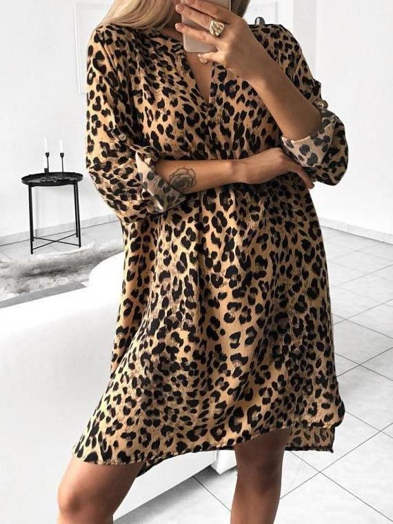 V-neck Long-sleeved Animal Print Shirt Dress - Casual Dresses - INS | Online Fashion Free Shipping Clothing, Dresses, Tops, Shoes - 05/17/2021 - Category_Casual Dresses - Color_Apricot