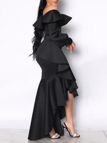 Women's Dresses One-Shoulder Long Sleeve Ruffle Irregular Dress - Maxi Dresses - Instastyled | Online Fashion Free Shipping Clothing, Dresses, Tops, Shoes - 09/09/2022 - color-black - Color_Black