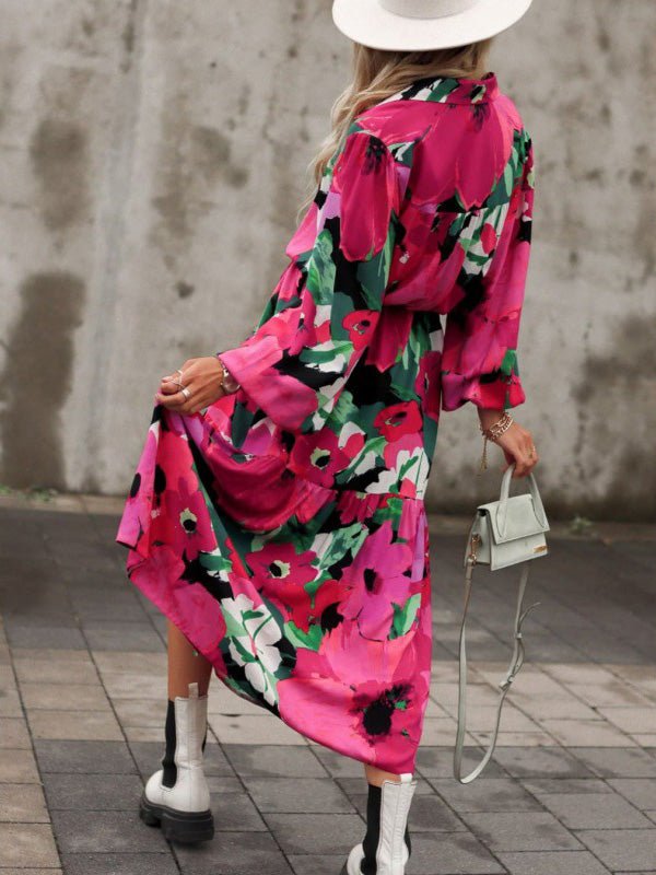 Women's Dresses Printed Button Tie Long Sleeve Dress - Maxi Dresses - Instastyled | Online Fashion Free Shipping Clothing, Dresses, Tops, Shoes - 09/09/2022 - 40-50 - color-red