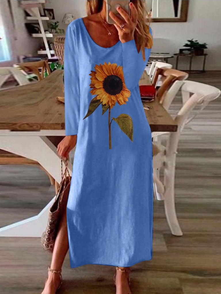 Women's Dresses Sunflower Print Slit Long Sleeve Dress - Maxi Dresses - Instastyled | Online Fashion Free Shipping Clothing, Dresses, Tops, Shoes - 09/09/2022 - 20-30 - casual-dresses