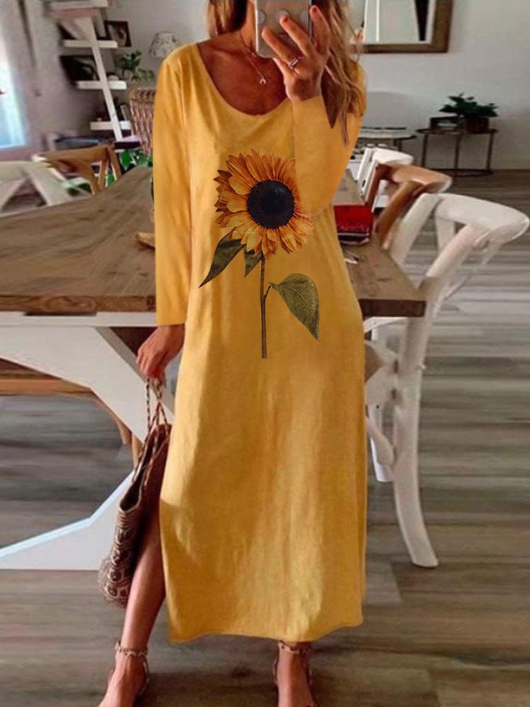 Women's Dresses Sunflower Print Slit Long Sleeve Dress - Maxi Dresses - Instastyled | Online Fashion Free Shipping Clothing, Dresses, Tops, Shoes - 09/09/2022 - 20-30 - casual-dresses