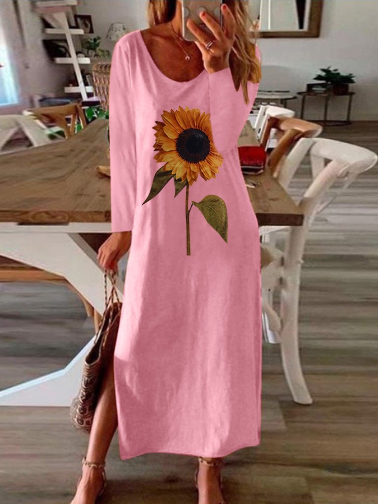 Women's Dresses Sunflower Print Slit Long Sleeve Dress - Maxi Dresses - Instastyled | Online Fashion Free Shipping Clothing, Dresses, Tops, Shoes - 09/09/2022 - 20-30 - casual-dresses