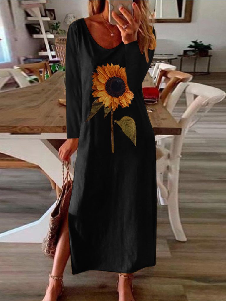 Women's Dresses Sunflower Print Slit Long Sleeve Dress - Maxi Dresses - Instastyled | Online Fashion Free Shipping Clothing, Dresses, Tops, Shoes - 09/09/2022 - 20-30 - casual-dresses