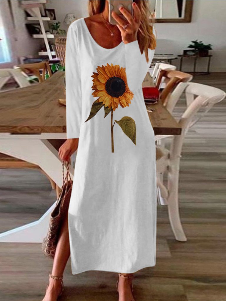 Women's Dresses Sunflower Print Slit Long Sleeve Dress - Maxi Dresses - Instastyled | Online Fashion Free Shipping Clothing, Dresses, Tops, Shoes - 09/09/2022 - 20-30 - casual-dresses